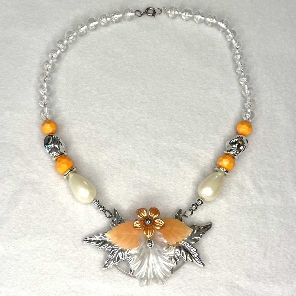 Vintage Silver and Orange Floral Statement Necklace